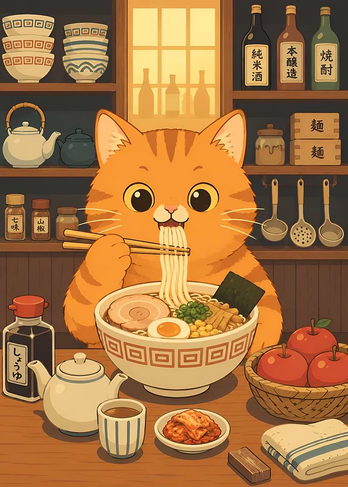 Cute Orange Cat Eating Ramen