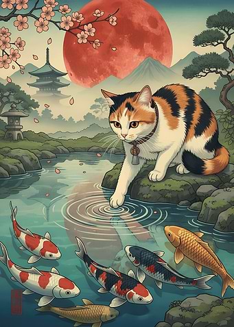Calico Cat Playing with Koi Fish