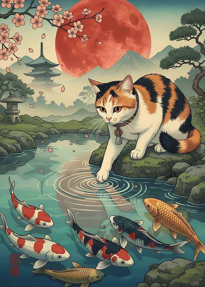Calico Cat Playing with Koi Fish