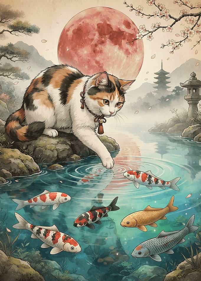 Calico Cat Playing with Koi Fish