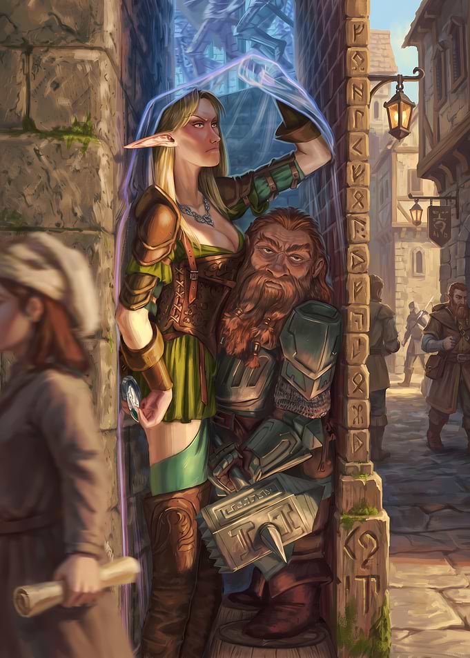 Elf and Dwarf Hiding in Alley