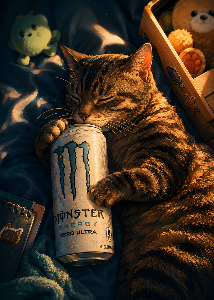 Cat Sleeping With Monster Energy Drink