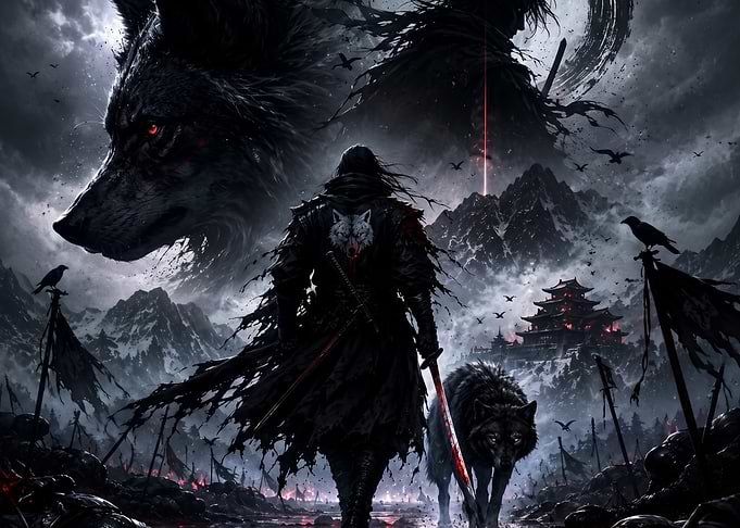 Dark Samurai Warrior with Wolf Spirit