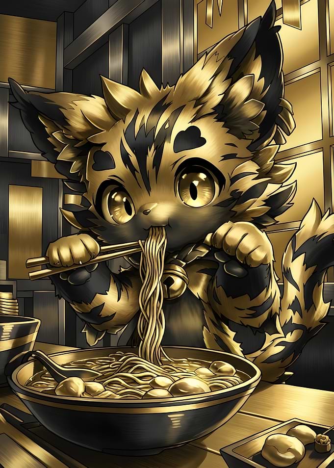 Cute Golden Cat Eating Ramen