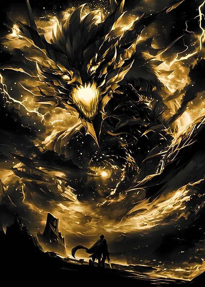 Warrior Facing a Golden Dragon