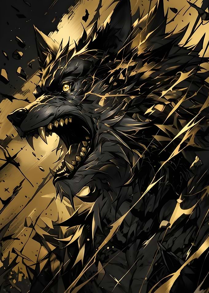 Fierce Black and Gold Wolf