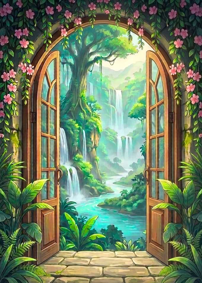 Open Door to Enchanted Waterfall Landscape