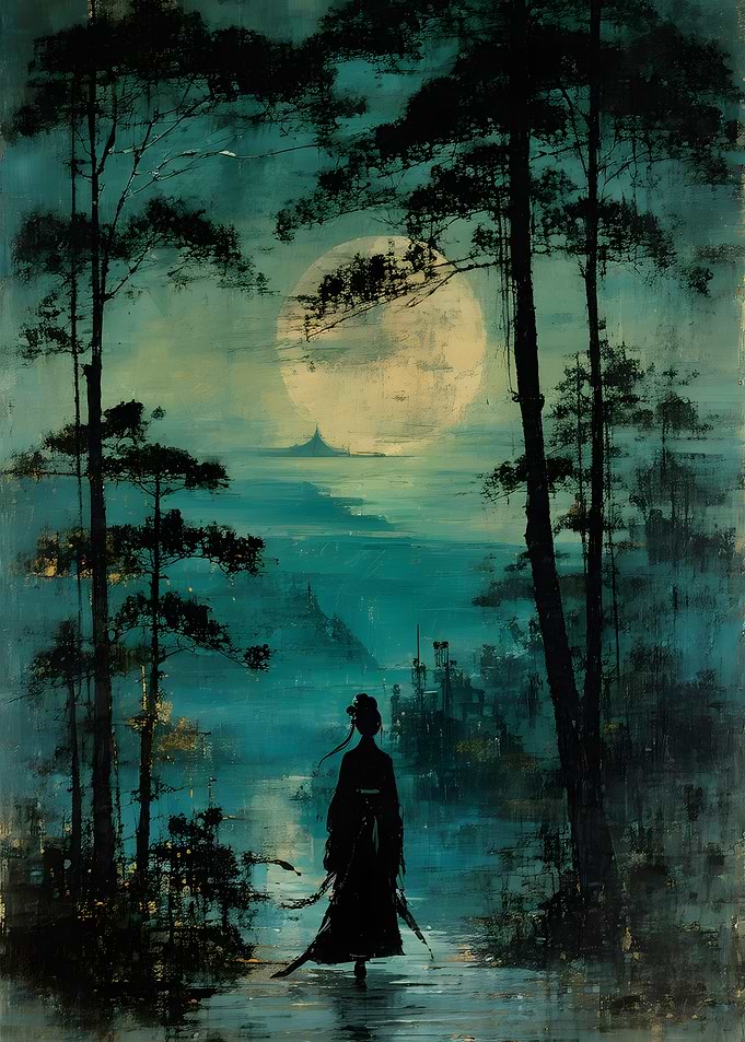 Silhouette of a Warrior Under Moonlight