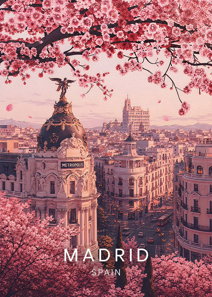 Madrid Metropolis Building with Cherry Blossoms
