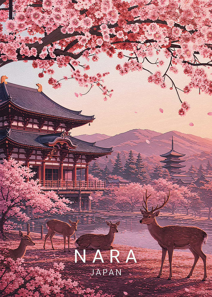 Nara Japan Cherry Blossom Travel Poster