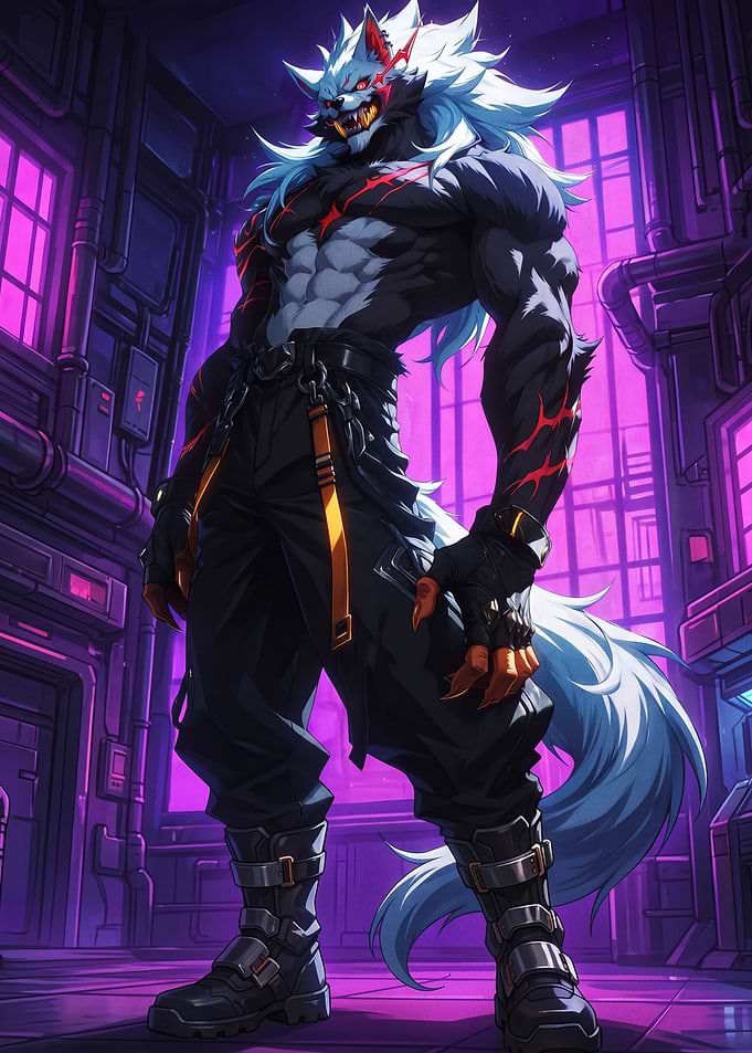Cyberpunk Werewolf Warrior in Neon Setting