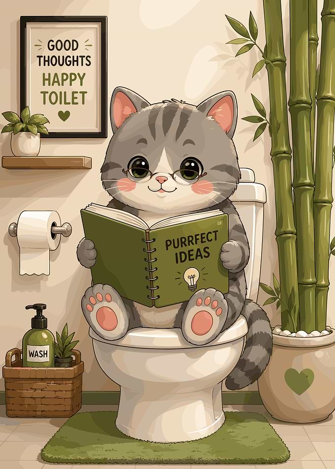 Cute Cat Reading on Toilet