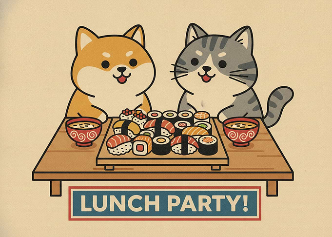 Cute Shiba Inu and Cat Sushi Lunch