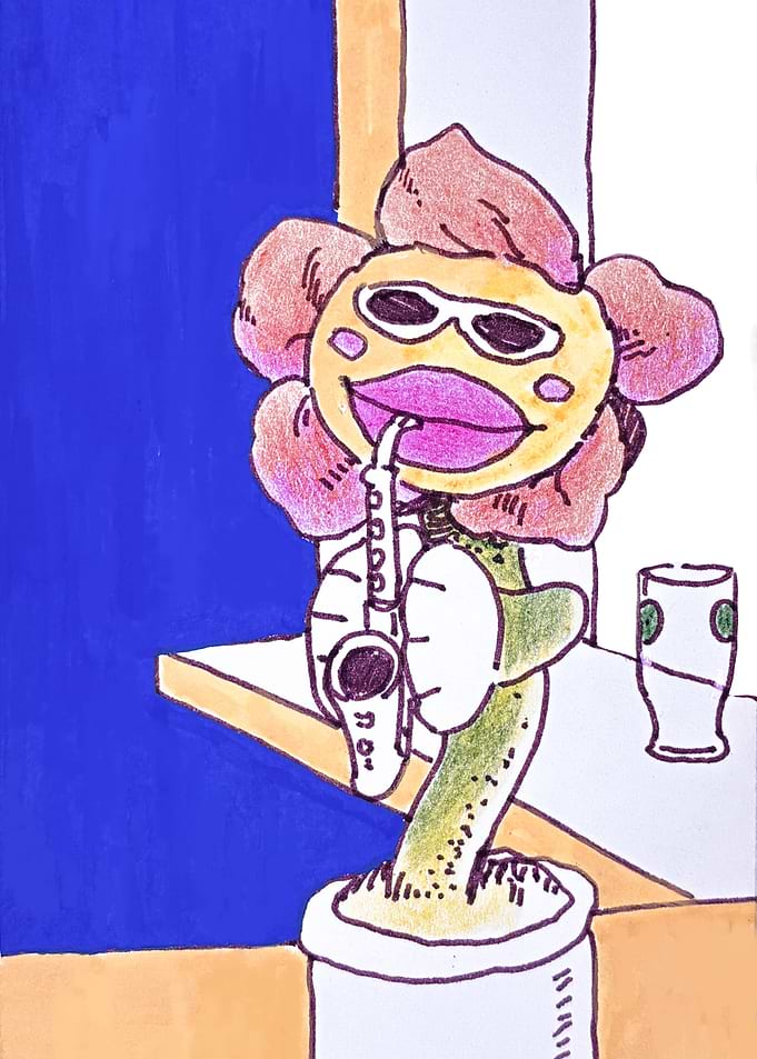 Cool Flower Playing Saxophone Cartoon