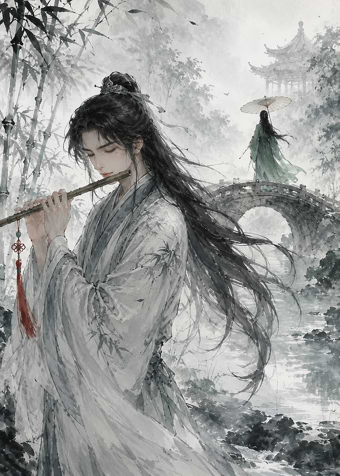 Traditional Chinese Flute Player Illustration