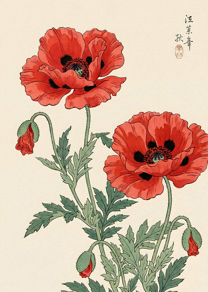 Traditional Japanese Style Poppy Illustration