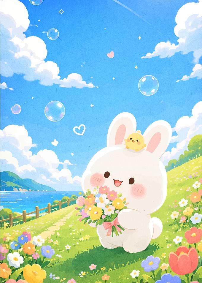 Cute Bunny Holding Flowers in Meadow