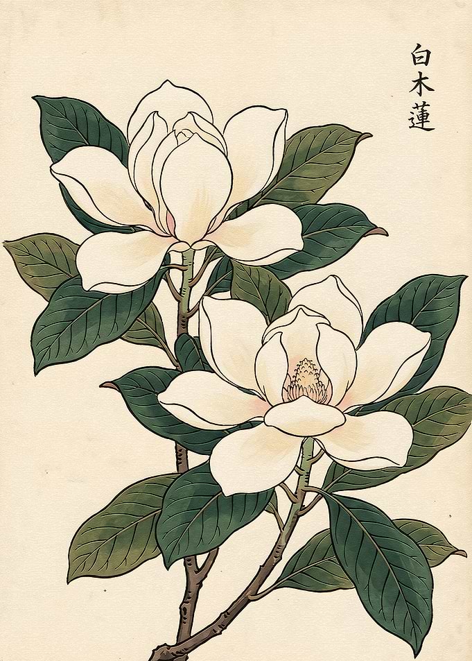 Vintage Japanese Magnolia Botanical Illustration