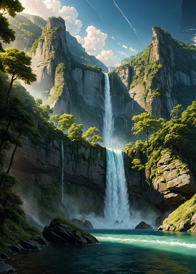 Waterfall in Lush Mountains River Lake Landscape