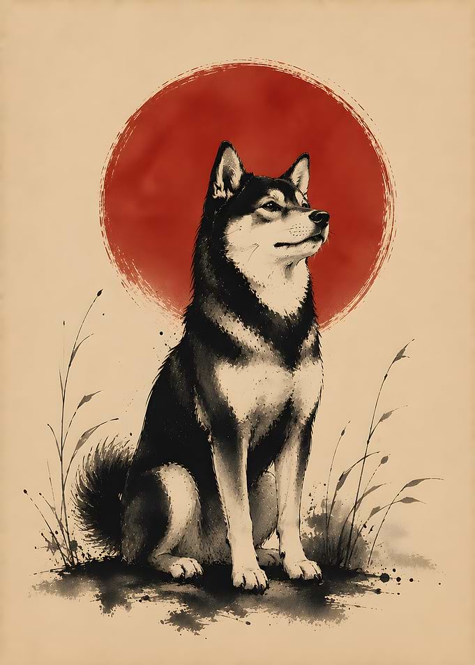 Shiba Inu Red Sun Oriental Ink Art