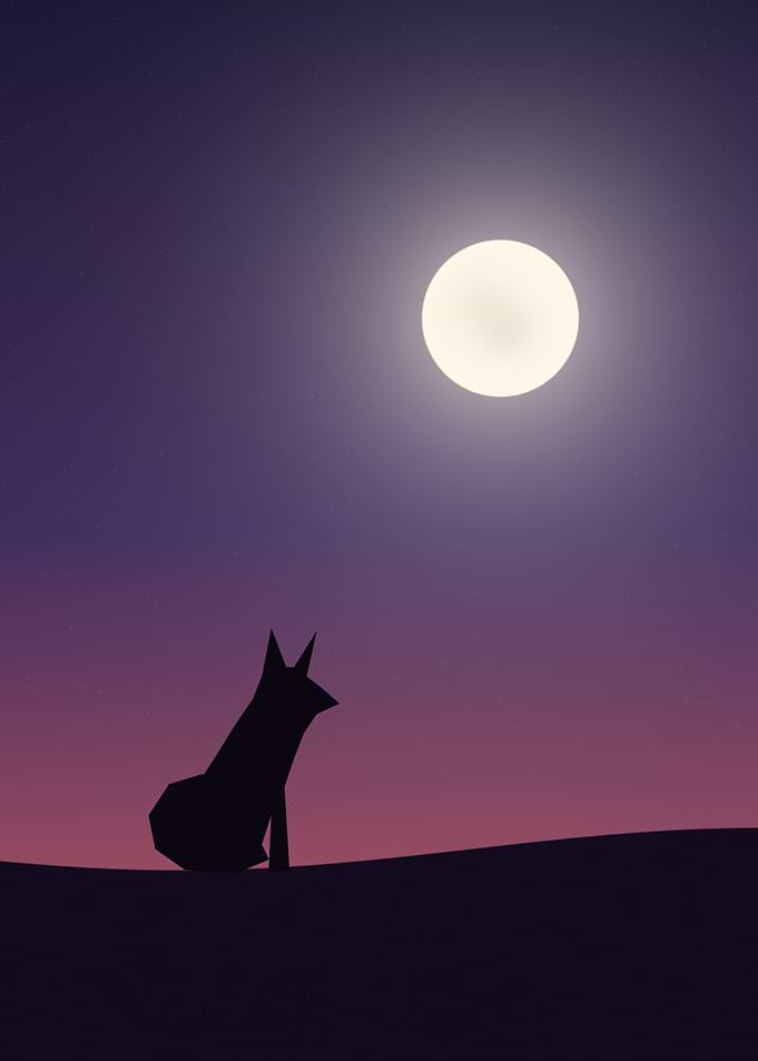 Fox - Minimalist Sitting Fox Silhouette Under a Full Moon