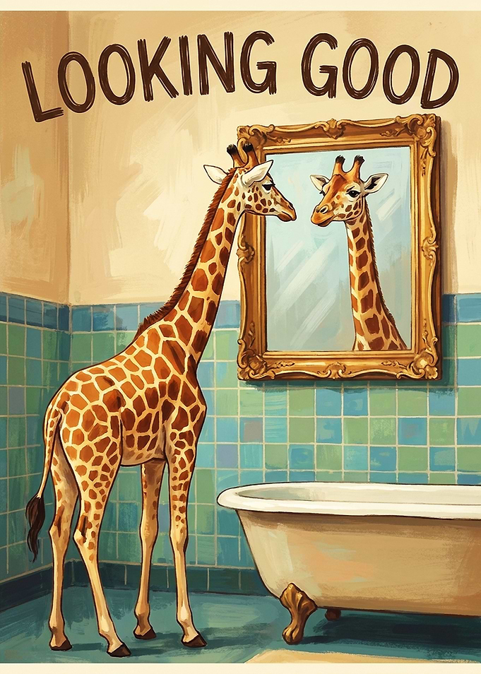 Giraffe Looking in Bathroom Mirror