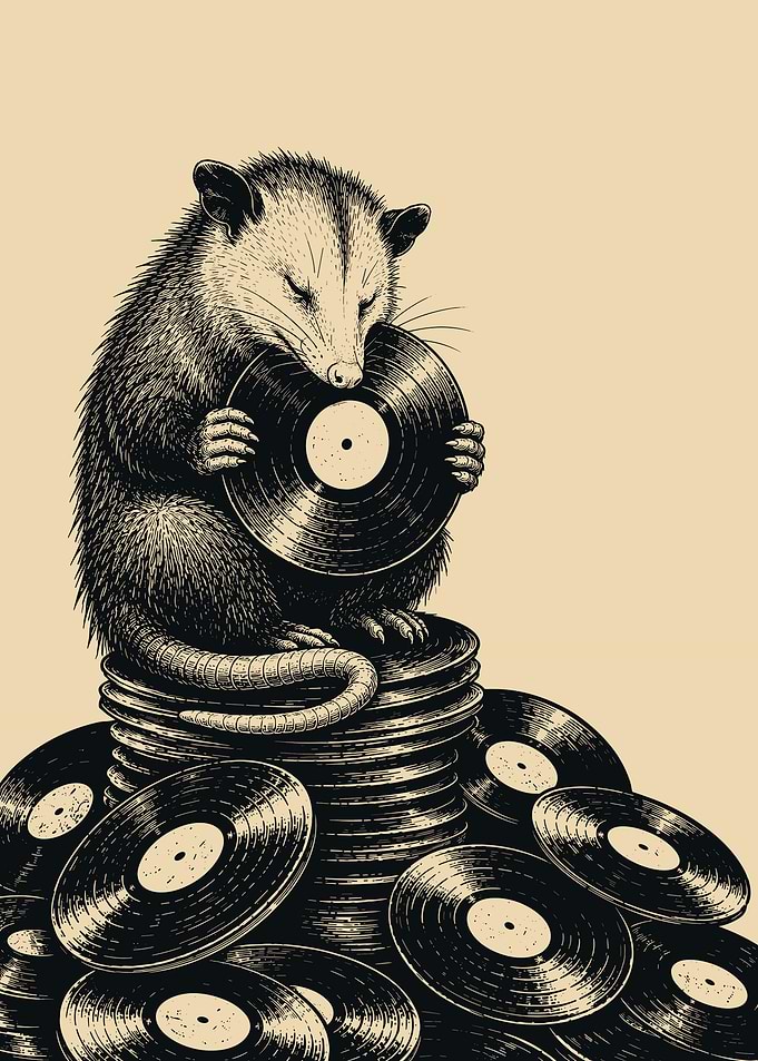 Vintage Opossum on Vinyl Records Black and White Ink Style Wall Art Poster