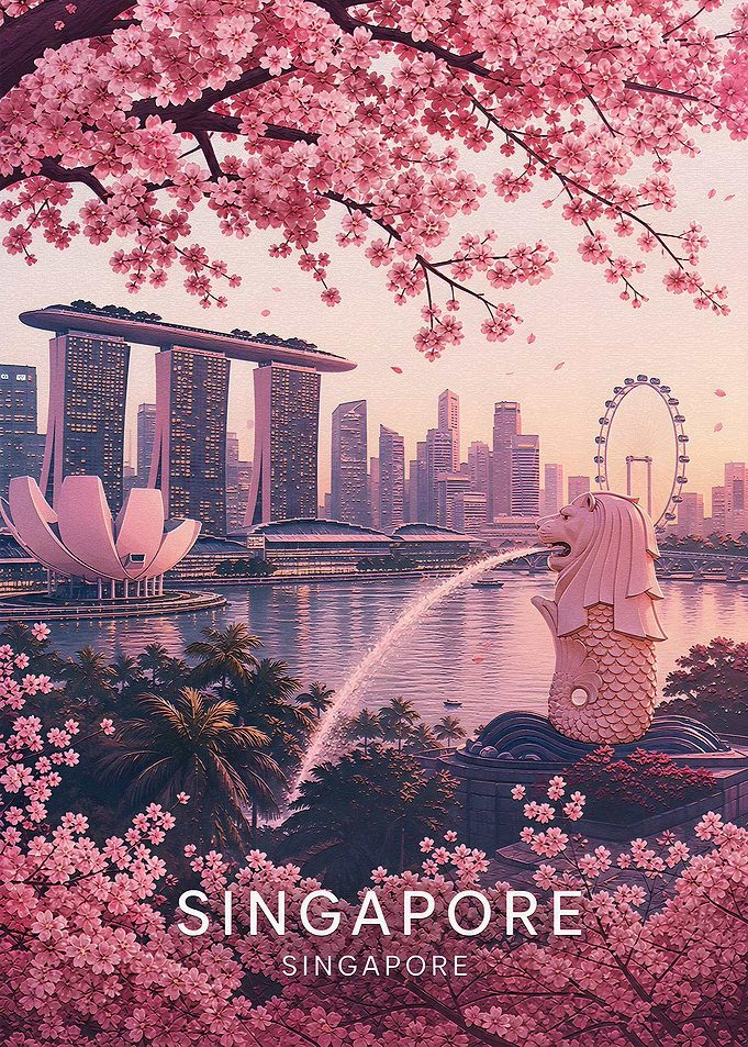 Singapore Cityscape with Cherry Blossoms