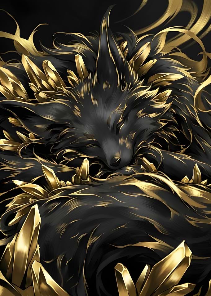 Sleeping Black Fox with Golden Crystals
