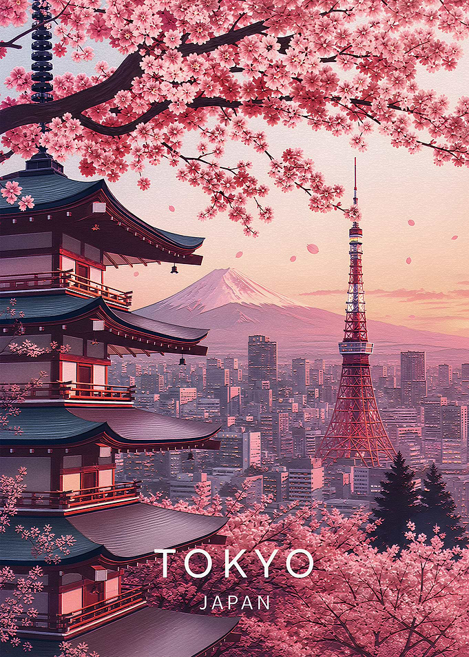 Tokyo Japan Cherry Blossom Travel Poster