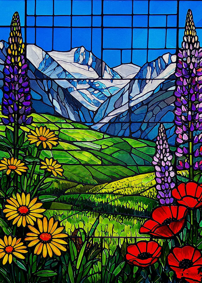 Stained Glass Mountain Meadow Landscape