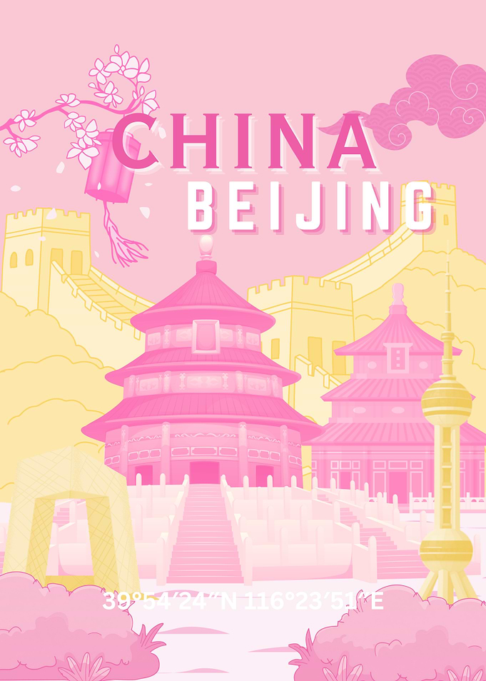 Beijing China Travel Poster Pink Illustration