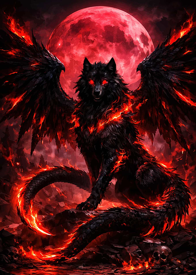 Fiery Winged Wolf Under Red Moon