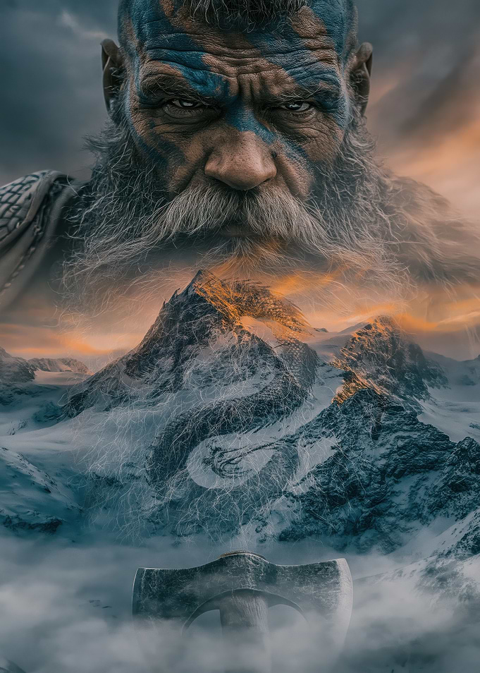 Viking Warrior and Snowy Mountain Peak