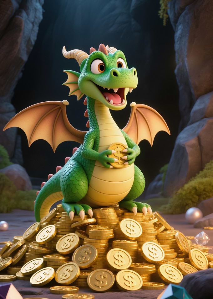 Cute Green Dragon Sitting on Gold