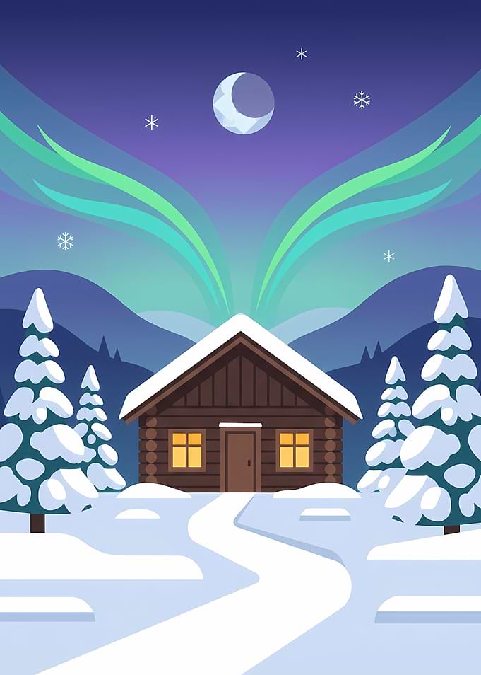 Cozy Winter Cabin Under Northern Lights