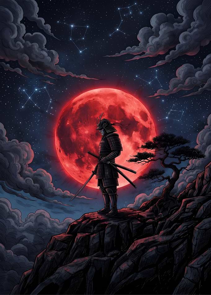 Samurai Standing Under Red Moon