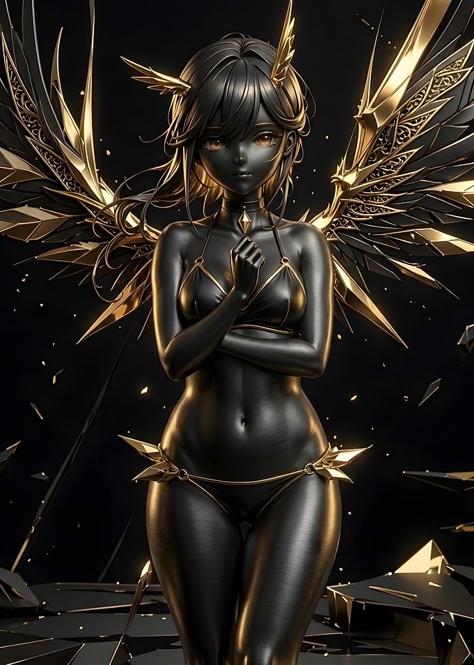 Black and Gold Winged Anime Goddess