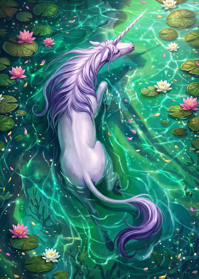 Unicorn Wading in Magical Pond