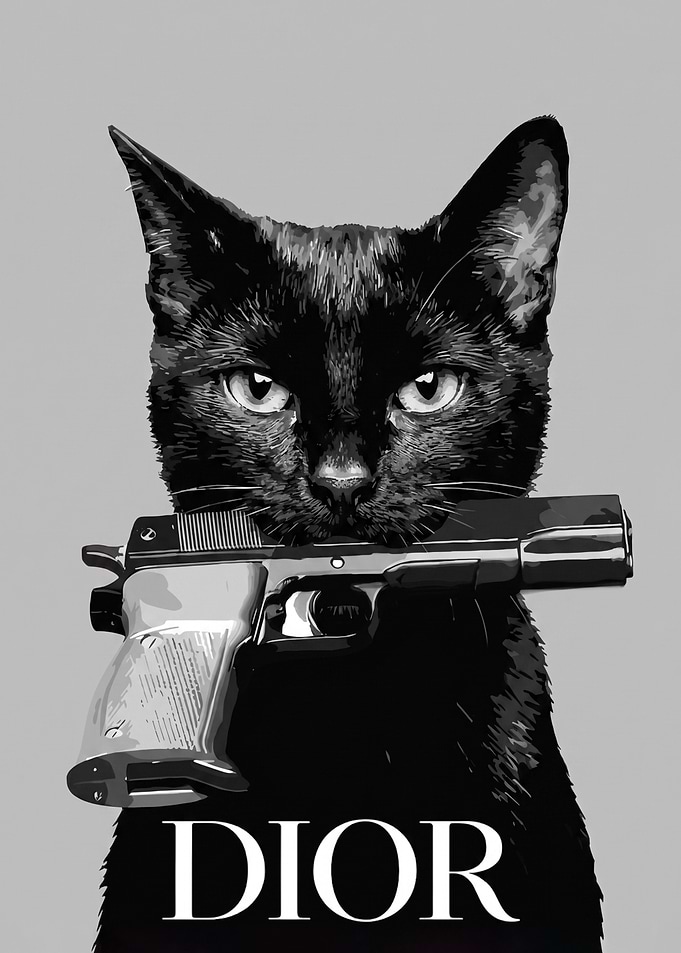 Black Cat Holding Gun Dior Poster