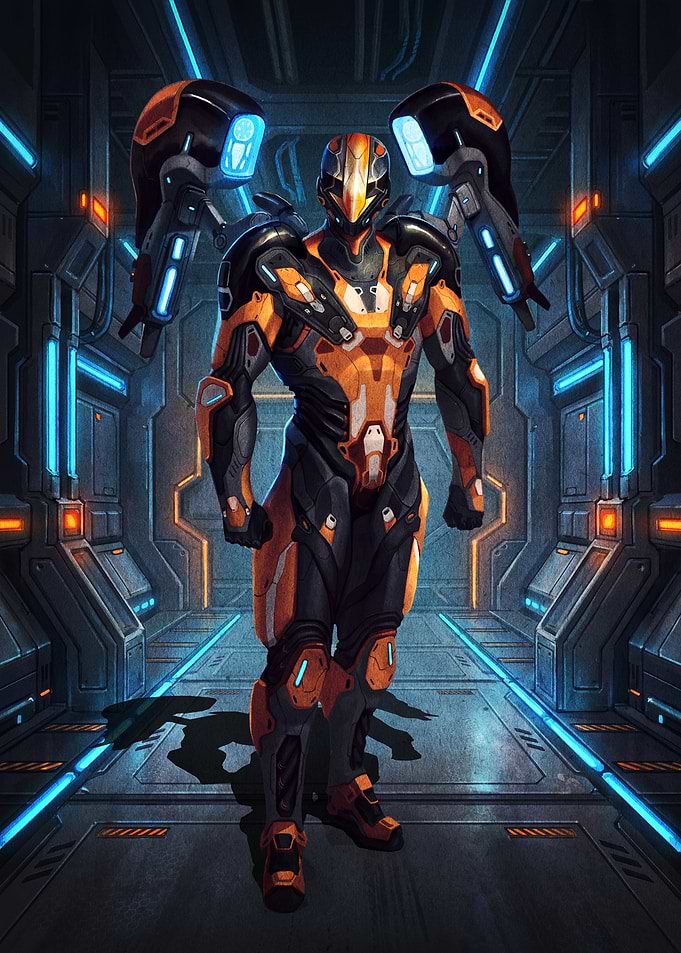Futuristic Armored Soldier in Corridor