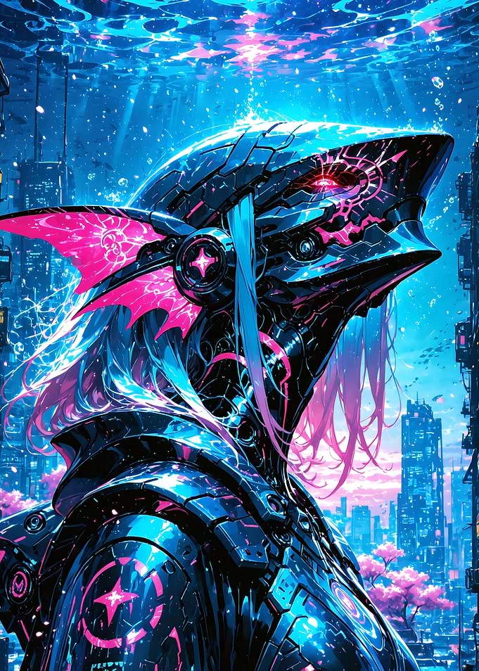 Cybernetic Shark Warrior in Neon City