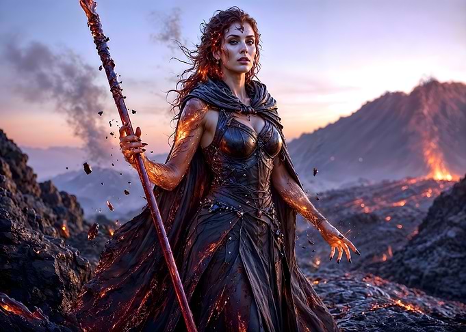 Fire Sorceress in Volcanic Landscape
