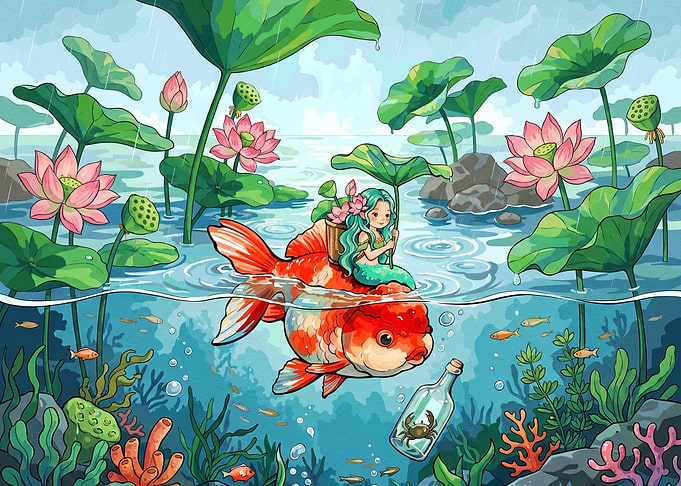 Mermaid Riding a Giant Goldfish