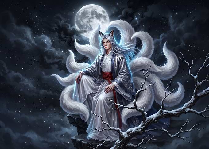 Nine-Tailed Fox Spirit Under Moonlight