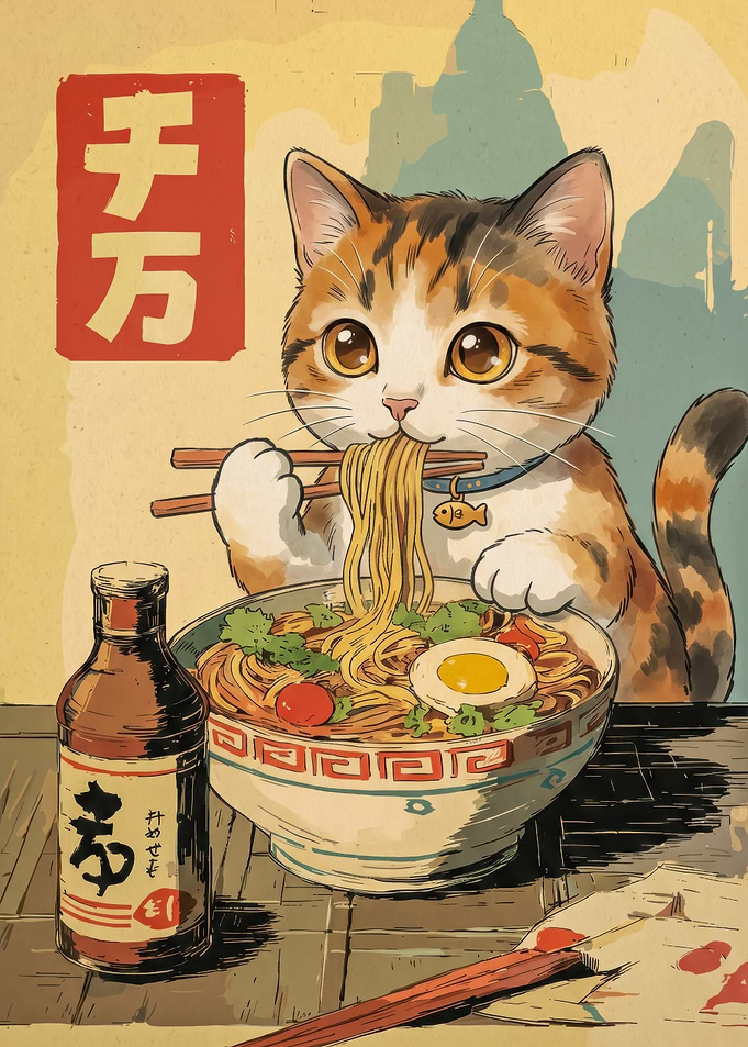 Cute Calico Cat Eating Ramen Poster