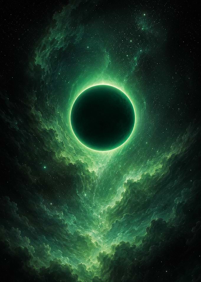 Emerald Eclipse — Glowing Void in a Green Nebula