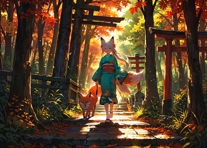Anime Fox Girl in Autumn Forest