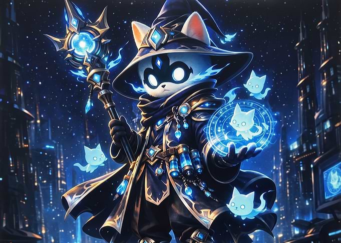 Magical Cat Wizard in Cyberpunk City