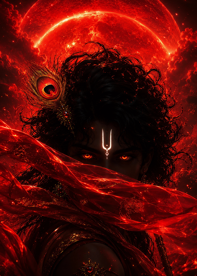 Lord Krishna in Cosmic Red Glow